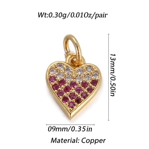 Golden copper heart charm pendant with pink and white cubic zirconia for DIY jewelry