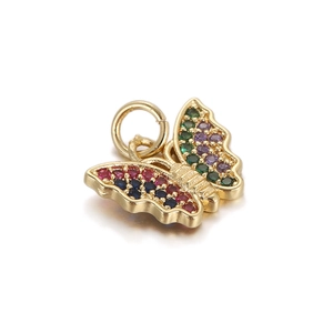 Detailed view of butterfly pendant with colorful zircons and golden metal finish