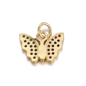 Detailed close-up of a gold butterfly charm with colorful zircon micro-pave inlays