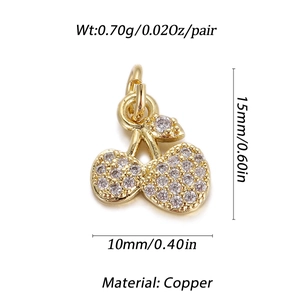 Detail view of gold cherry heart pendant with sparkling cubic zirconia and dimensions