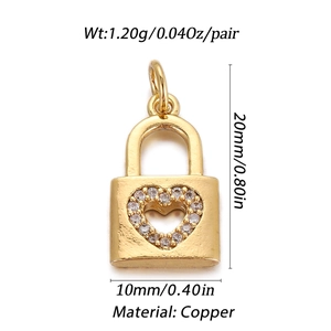 Detailed size and weight view of gold-plated brass heart lock charm for DIY jewelry