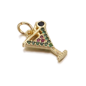 Detailed cocktail glass charm in gold-plated metal with green and red zircon stones