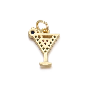 Detailed view of a gold cocktail glass pendant with colorful crystal embellishments