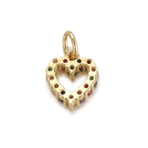 Detailed macro view of heart-shaped gold pendant featuring colorful inlaid gemstones
