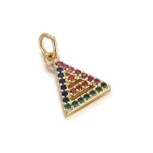 Detail of triangle gold pendant with rainbow cubic zirconia and polished metal loop