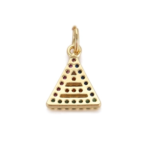 Close-up of golden triangle pendant with multi-color gemstones and polished ring attachment