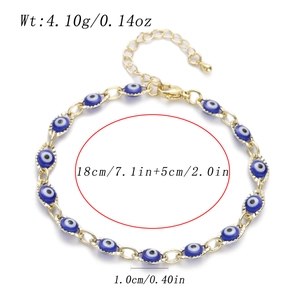 Handmade gold stainless steel evil eye bracelet with blue charms and size measurements