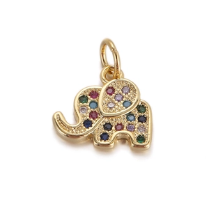 Colorful zircon elephant pendant in gold plating with vibrant multi-colored gemstones