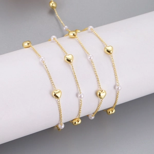 Gold stainless steel chain with heart charms and white pearls for DIY jewelry making
