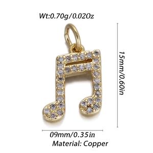 Gold music note charm pendant with clear stones set in brass for DIY jewelry making