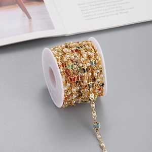 DIY gold metal chain with small white pearls and colorful enamel butterflies for jewelry