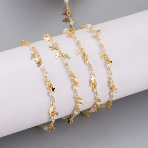 Gold-plated stainless steel chain necklace with white pearls and cross charms