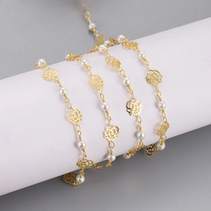 DIY stainless steel necklace with white pearls and gold hollow rose chain links