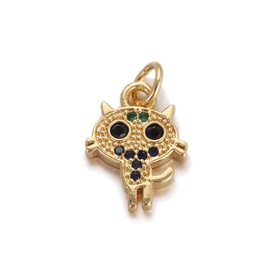 Detailed close-up of a gold cat charm featuring vibrant colorful zircon gemstone inlay