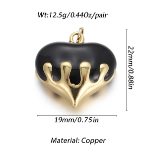 Gold plated heart pendant with black enamel drip design for DIY jewelry making