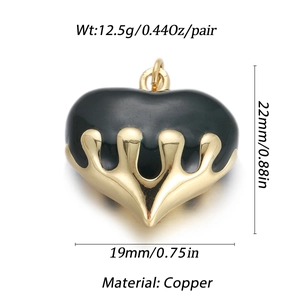 Detailed macro view of black liquid heart charm in copper with 22mm x 19mm dimensions