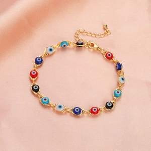 Adjustable gold stainless steel bracelet with colorful retro evil eye charms for women