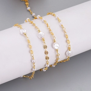 Baroque pearl gold plated stainless steel chain with round metal sequins and beads