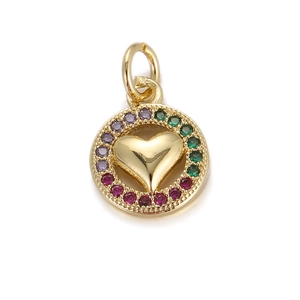 Close-up of gold heart pendant featuring a halo of vibrant colorful zircon stones