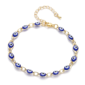 Gold Evil Eye bracelet with blue Turkish beads and adjustable lobster clasp on white background