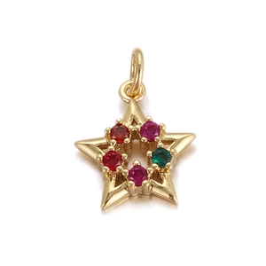 Detail of star pendant in gold metal with colorful cubic zirconia stones and top loop