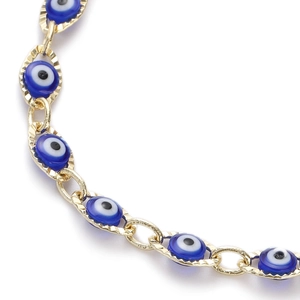 Handmade gold plated stainless steel bracelet featuring vibrant Turkish blue Evil Eye beads