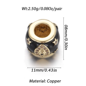 Gold plated 11mm heart bead with black enamel and star sun patterns for DIY jewelry making