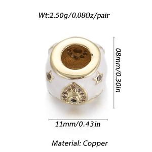 Detail of copper heart bead with white enamel, star patterns and size dimensions
