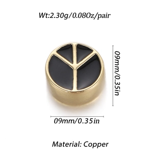 14K vergulde vredesteken oorknopjes met zwart emaille en een diameter van 9mm