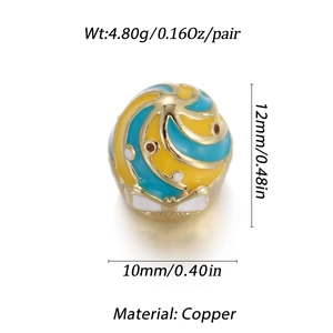 Detail view of 12mm handmade heart copper bead with colorful enamel swirl patterns for DIY jewelry