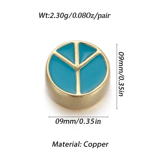 Detail van een 9mm 14K vergulde koperen vredesteken kraal met blauw emaille en afmetingen