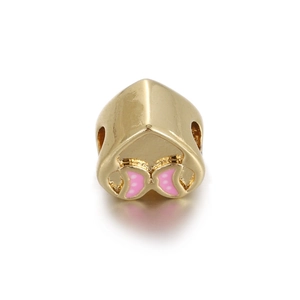 Close-up of gold heart bead with pink bow design and side hole for DIY jewelry making