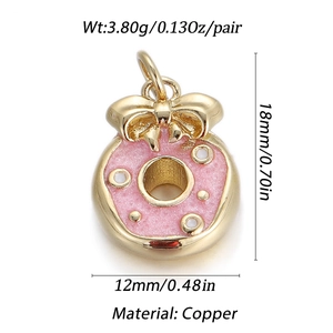 Pink enamel donut pendant with golden bow, copper jewelry charms 18x12mm for DIY earrings