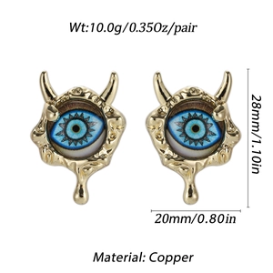 Detailed view of devil eye copper earrings with dimensions and gold-plated finish