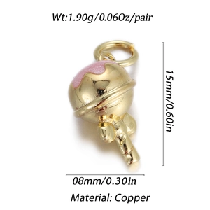 Detailed view of a gold-toned lollipop charm with pink glitter accents for jewelry making