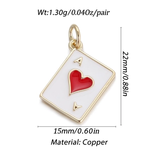 Detailed size and weight view of Ace of Hearts poker pendant charm in copper