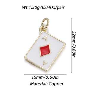 Macro detail of Ace of Diamonds pendant with dimensions 22mm by 15mm in gold and enamel