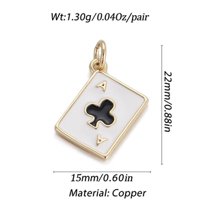 Detail of Ace of Clubs poker charm in white enamel and gold-plated copper material