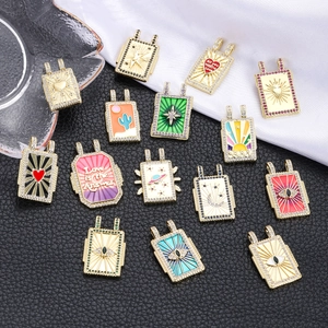 Böhmischer Vintage Tarotkarte Anhänger Halskette Für Damen Kupfer Vergoldet Böser Blick Herz Mond Stern Emaille Strass DIY Schmuck