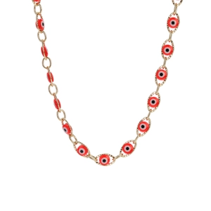 Collana malocchio dorata con ciondoli rossi e catena a maglie ovali a forma di U