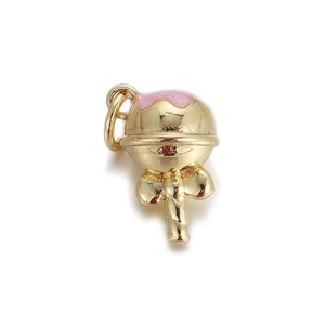 Detailed view of a gold lollipop charm with pink enamel and a cute bow tie detail