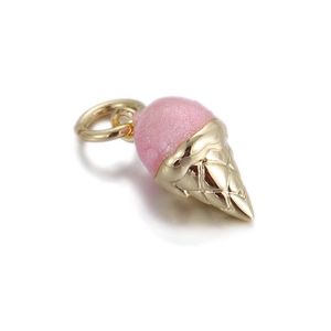 Detailed view of pink glitter ice cream cone pendant with golden metal texture