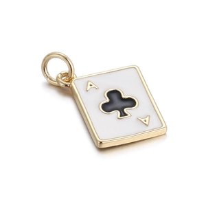 Detail shot of Ace of Clubs poker pendant charm with gold metal edges and white enamel finish