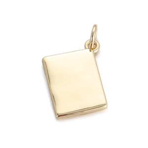 Detailed view of rectangular golden pendant with polished mirror finish and top ring loop