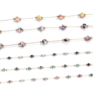 Selection of six gold-plated stainless steel beaded chains with colorful floral and faceted beads