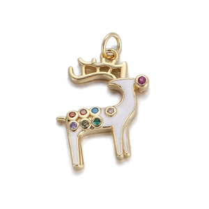 Pendentif renne doré avec émail blanc et zircons colorés pour la création de colliers