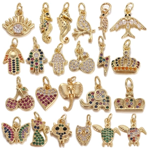 Fashion Copper Zirconia Animal Charms Elephant Butterfly Cat Owl Hamsa Hand Evil Eye Pendants For DIY Jewelry Making Necklaces