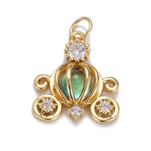 Golden pumpkin carriage pendant with green celestial orb and white zircon accents