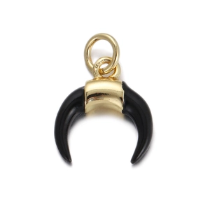 Minimalist black enamel crescent moon pendant with gold-plated metal loop connector