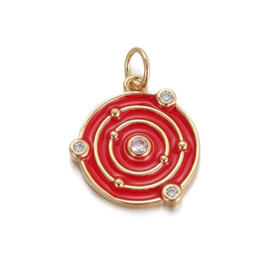 Red enamel galaxy orbit pendant with gold metal and sparkling zircon stones
